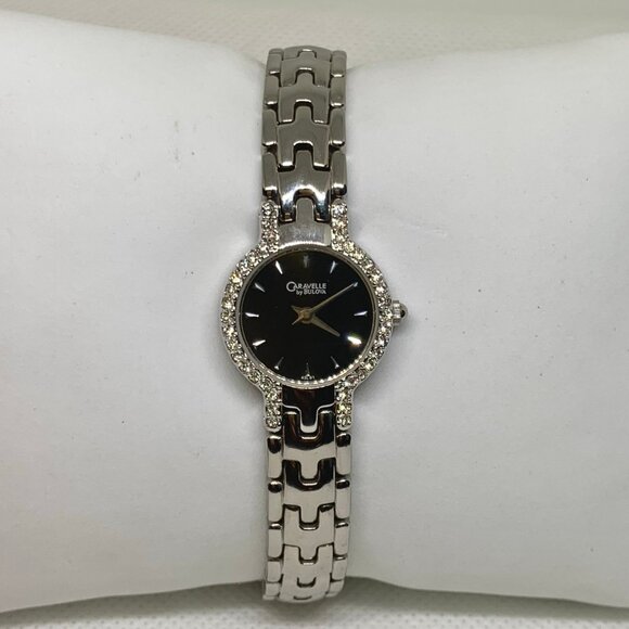 Caravelle by Bulova silver tone women watch black dial 20mm round 7.5” running - Picture 1 of 8